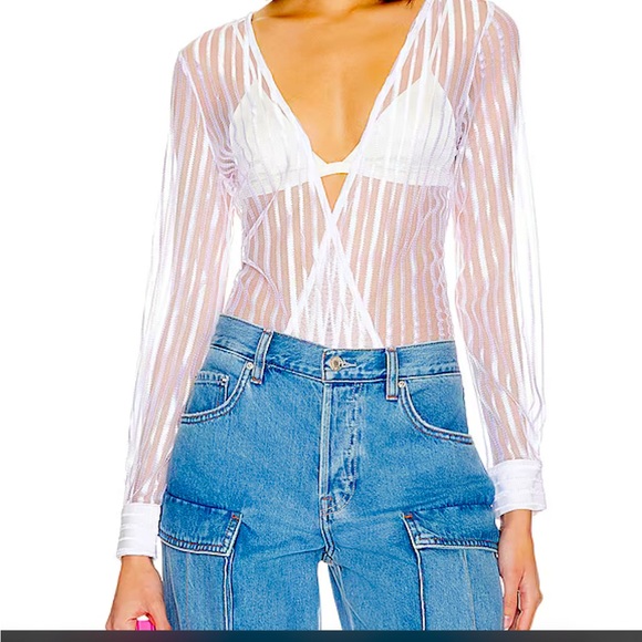 Dila Sheer Stripped Bodysuit in White by Superdown - Picture 2 of 14